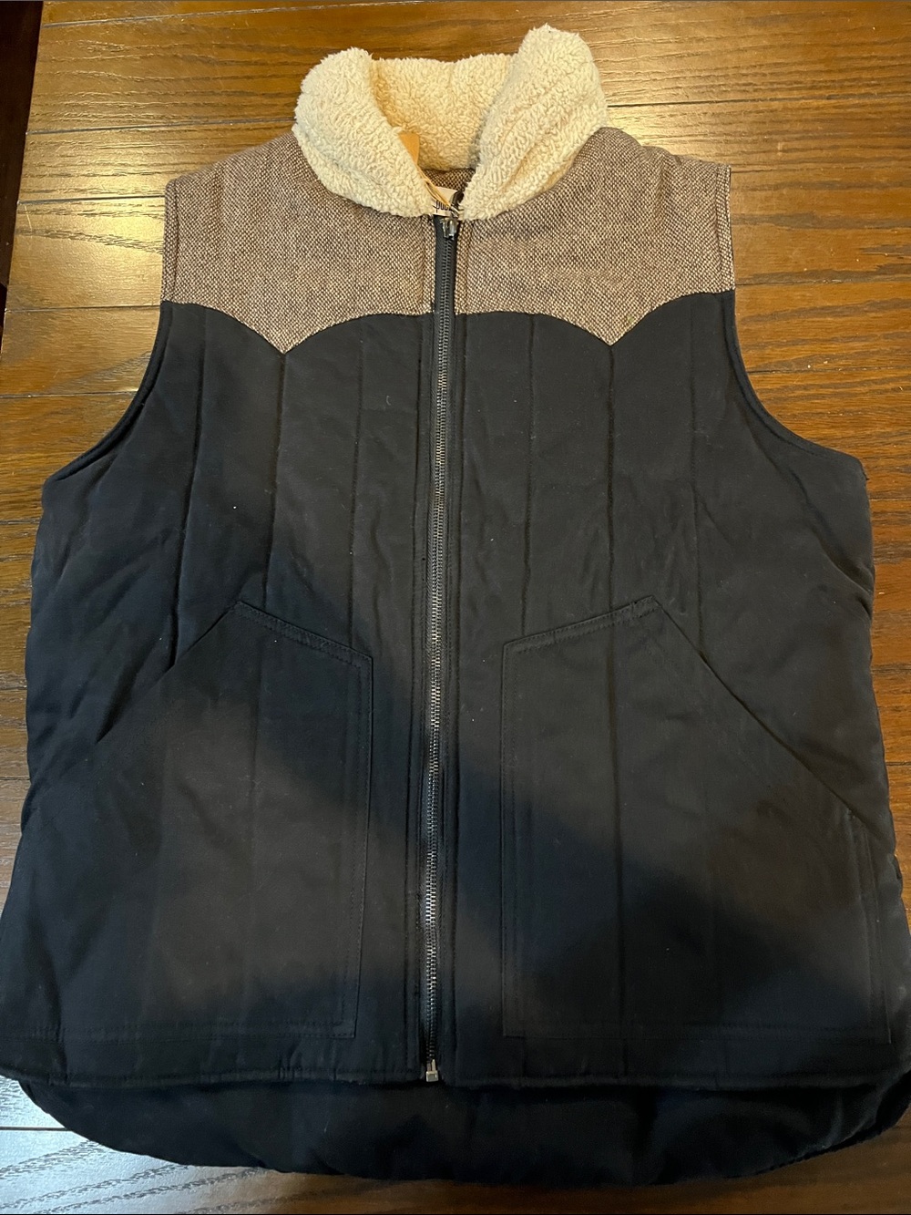 Publish Black Quilted Vest with Cream Sherpa Collar and Brown Yoke